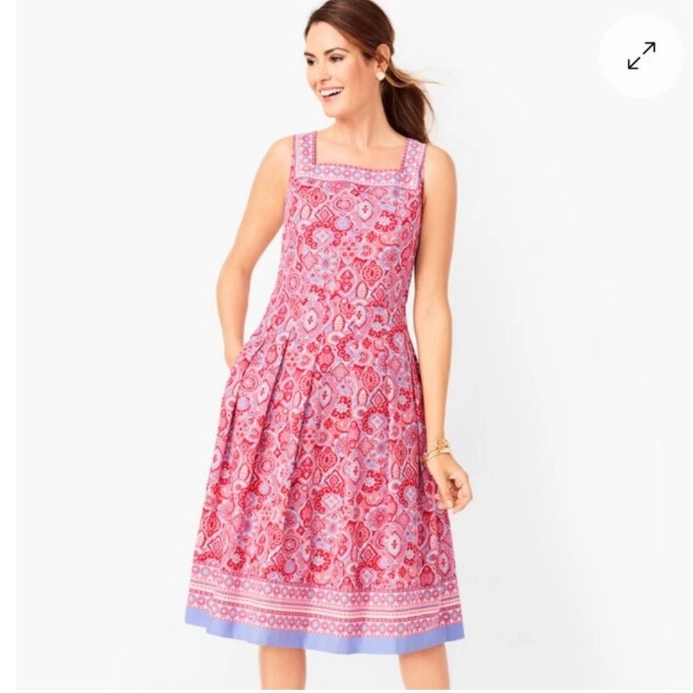 Talbots Red Multi Medallion Fit Flare Square Neck Sleeveless Dress 12P $139 NWT